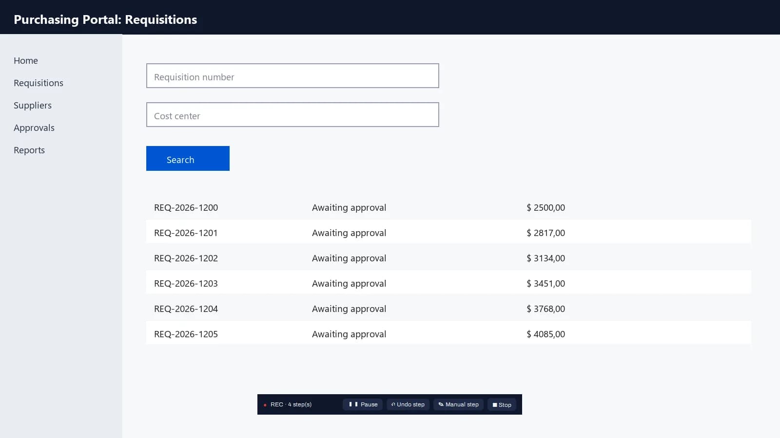 Screen of a system being recorded, with the REC floating toolbar at the bottom: step count and the Pause, Undo, Manual step and Stop buttons