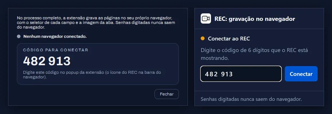 Pareamento da extensão do REC: o código de 6 dígitos mostrado pelo REC é digitado no popup da extensão