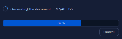 Document generation progress window: 27 of 40 steps, 67%, with the Cancel button