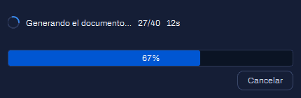 Ventana de progreso de la generación del documento: 27 de 40 pasos, 67%, con el botón Cancelar