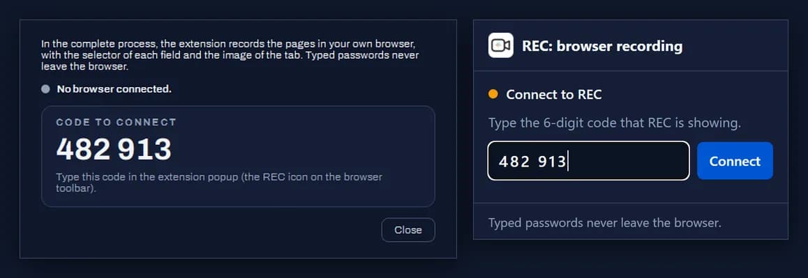 Pairing the REC extension: the 6-digit code shown by REC is typed into the extension popup