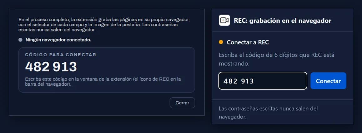 Emparejamiento de la extensión de REC: el código de 6 dígitos que muestra REC se escribe en la ventana emergente de la extensión