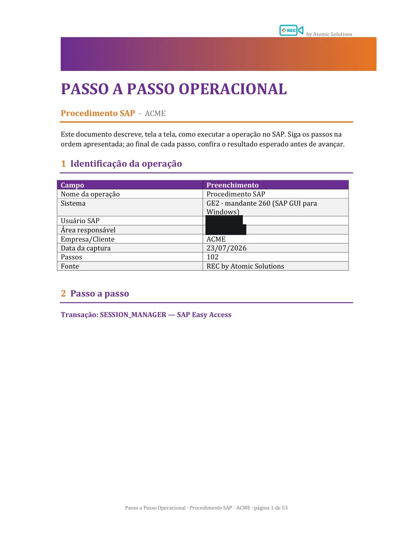 Capa do documento gerado pelo REC: Passo a Passo Operacional com tabela de identificação da operação SAP